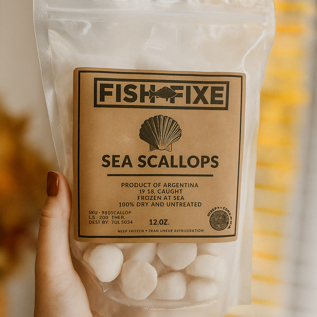 Package of Fish Fixe Sea Scallops held by a hand with a blurred background